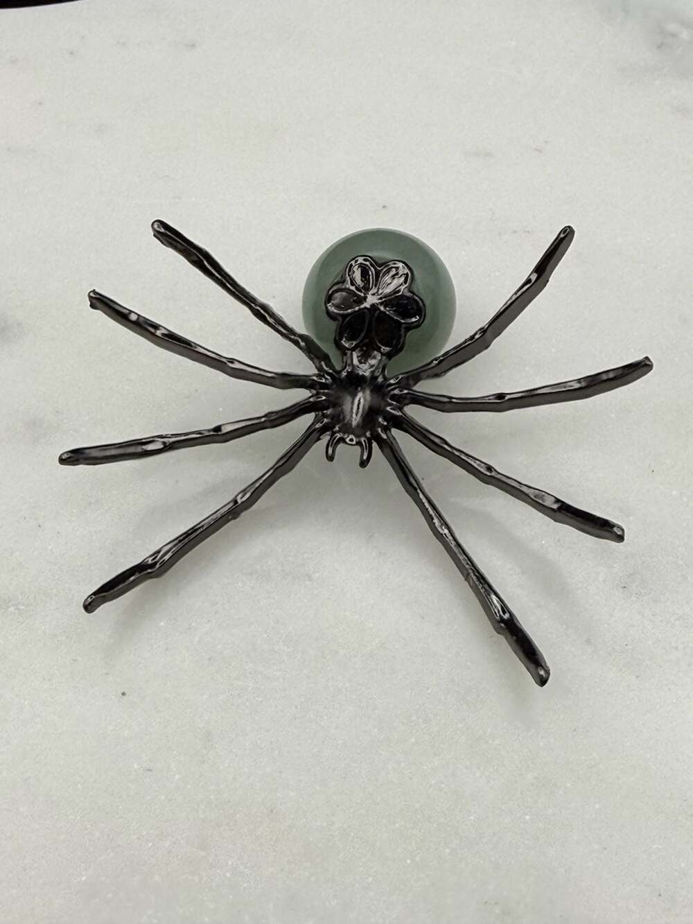 Green Aventurine Crystal Sphere Gun Metal Gray Small Spider Figurine - Picture 3 of 4